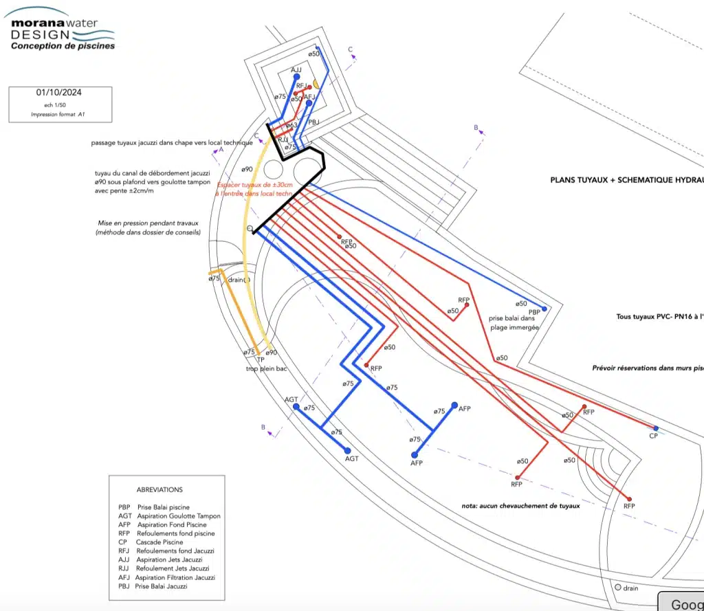 Detailed hydraulic plan of an infinity pool showing the piping layout for suction and return systems, including jacuzzi circuits, overflow gutter connections, and balance tank integration.