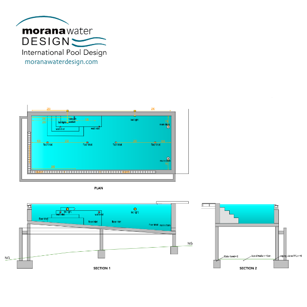 Cross-section and top view plans to build an elevated infinity pool on sloped terrain