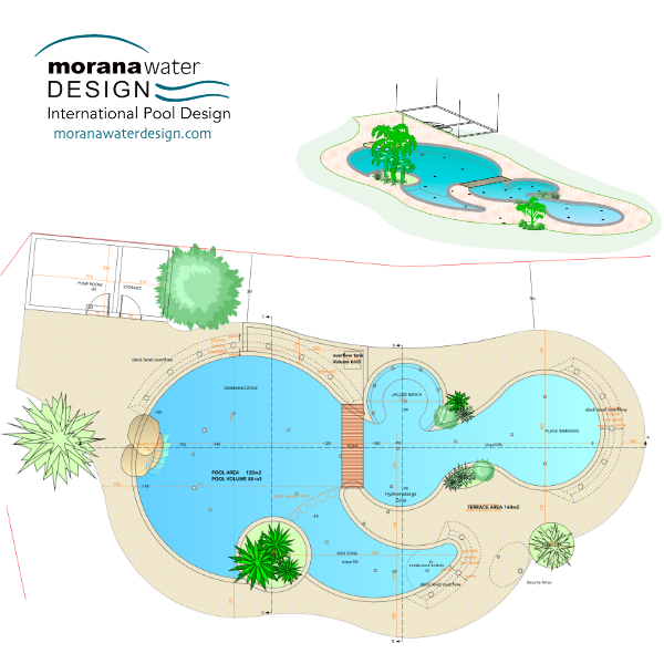 Plan of a freeform swimming pool with tropical landscaping, terraces and activity zones