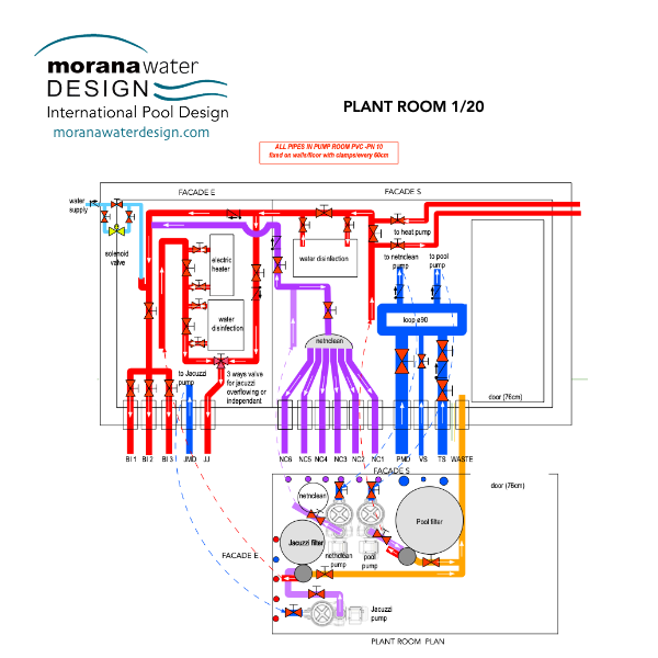 Technical diagram of plant room for an infinity pool with integrated spa and in-floor cleaning system