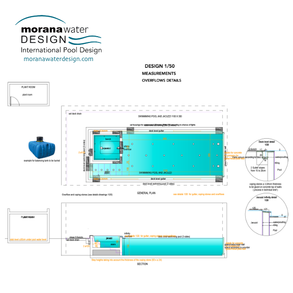 Top and sectional views of pool construction plans featuring an integrated spa system