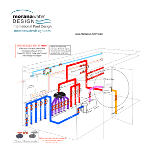 Hydraulic system diagram for an infinity pool with spa – filtration and heating circuit layout in technical room