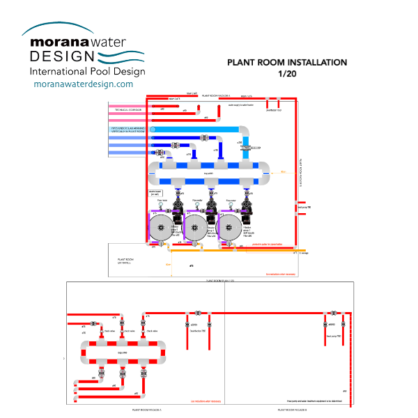 Layout plan showing three-filter system in a custom-built plant room for pool water treatment