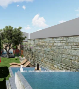 3D visualisation of a custom infinity pool with natural stone wall and water features, designed for a very narrow garden in Porto, Portugal