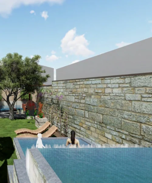 3D visualisation of a custom infinity pool with natural stone wall and water features, designed for a very narrow garden in Porto, Portugal