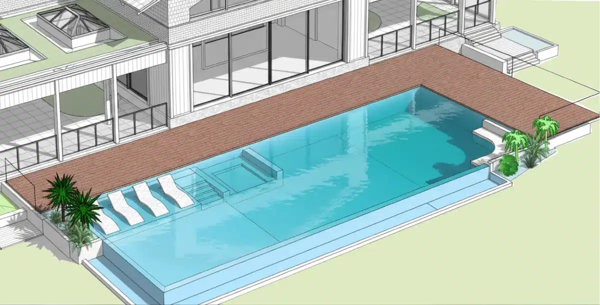 Architectural perspective of a bespoke infinity pool integrated with a contemporary house