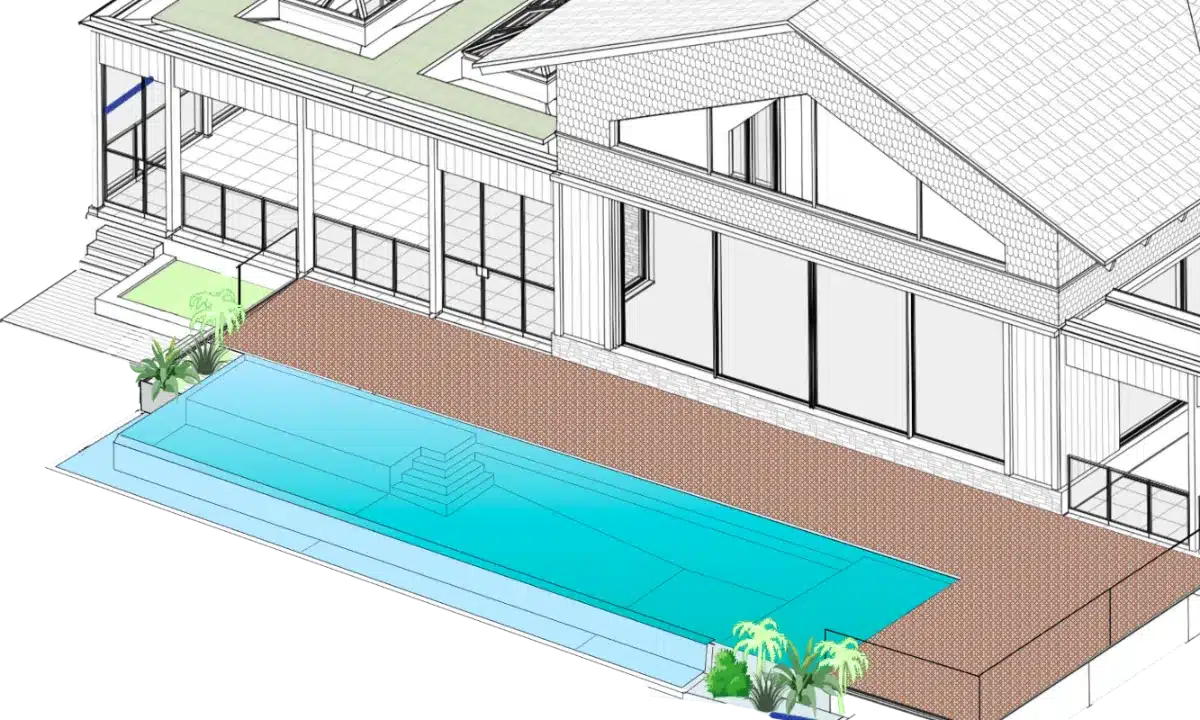 Architectural perspective of a bespoke infinity pool integrated with a contemporary house