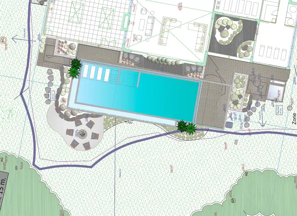 Site plan showing the integration of an infinity pool within a residential landscape