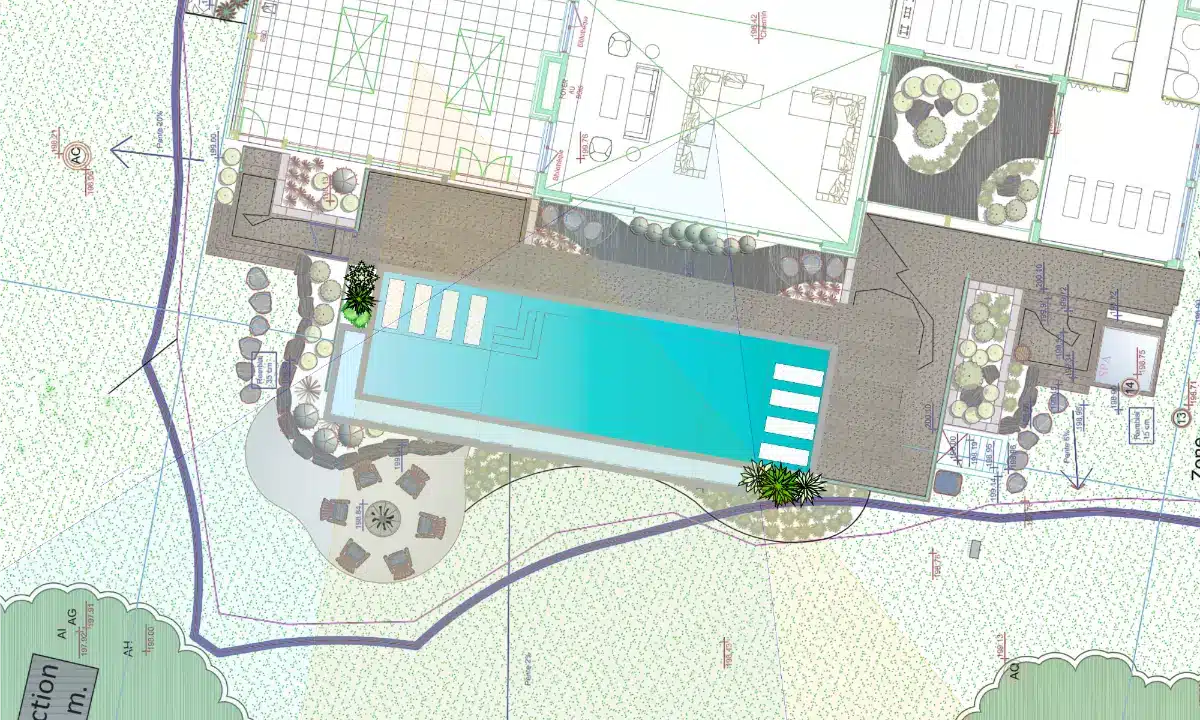 Site plan showing the integration of an infinity pool within a residential landscape