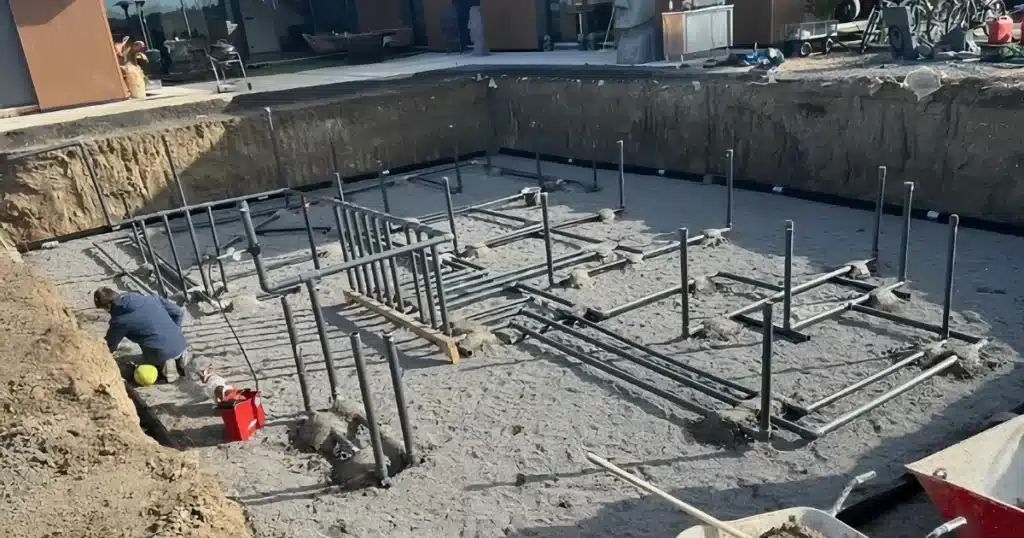 In-floor cleaning system pipe network installed in pool slab before concrete pour.