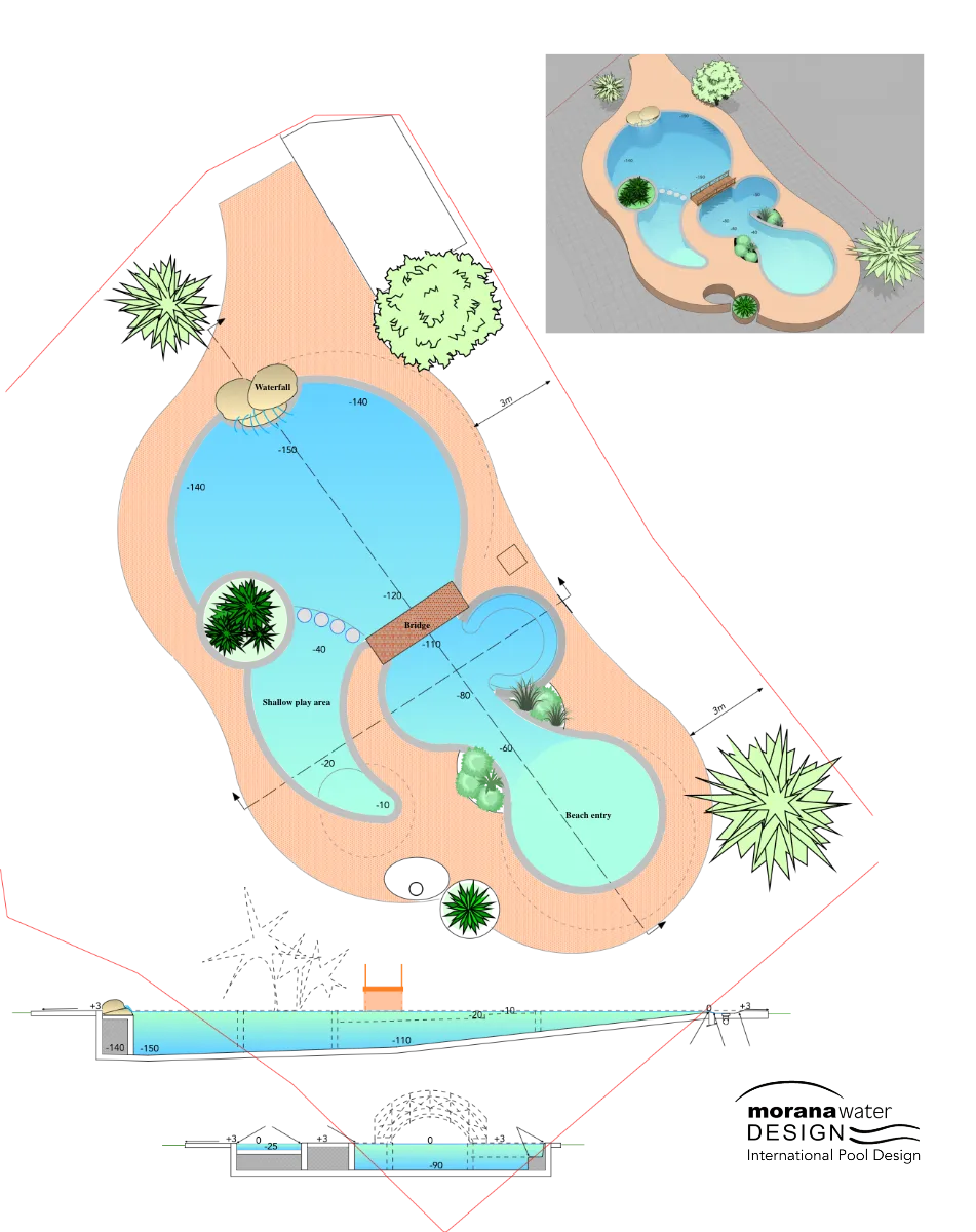 Lagoon pool design plan by Morana Water Design showing variable depth zones, beach entry, children's area, waterfall and zero edge overflow