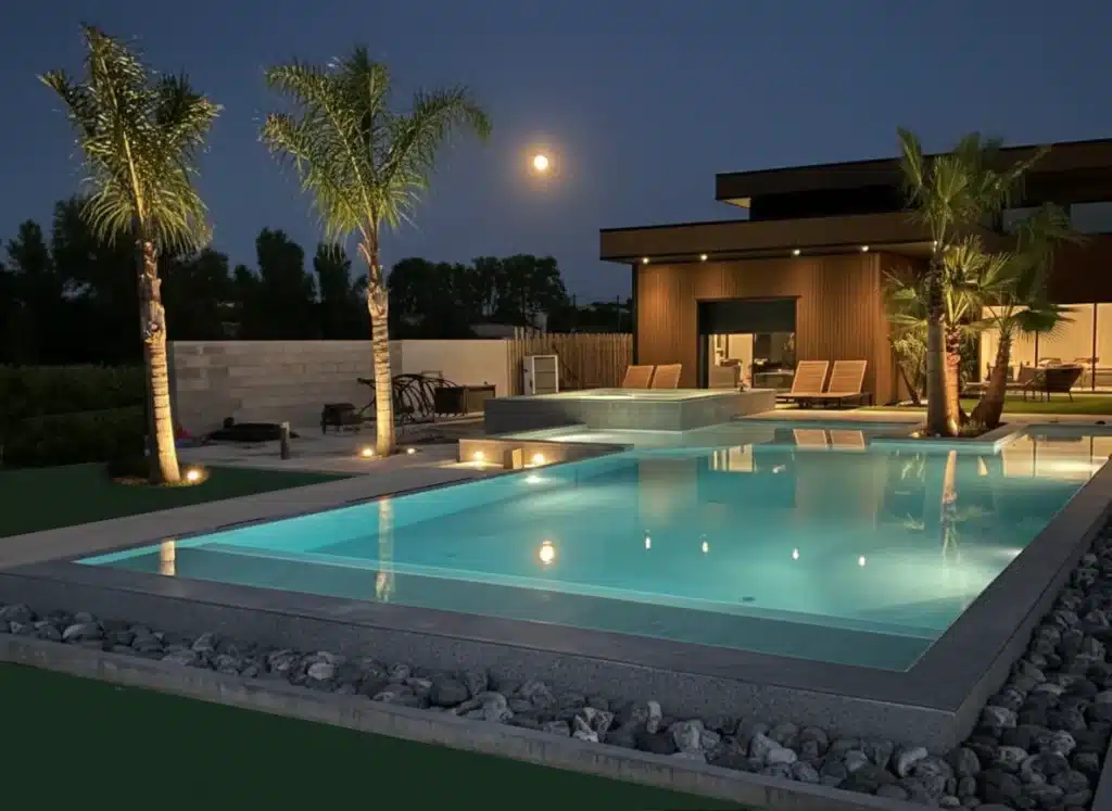 Overflow pool at night integrated in modern house project – Morana Water Design project