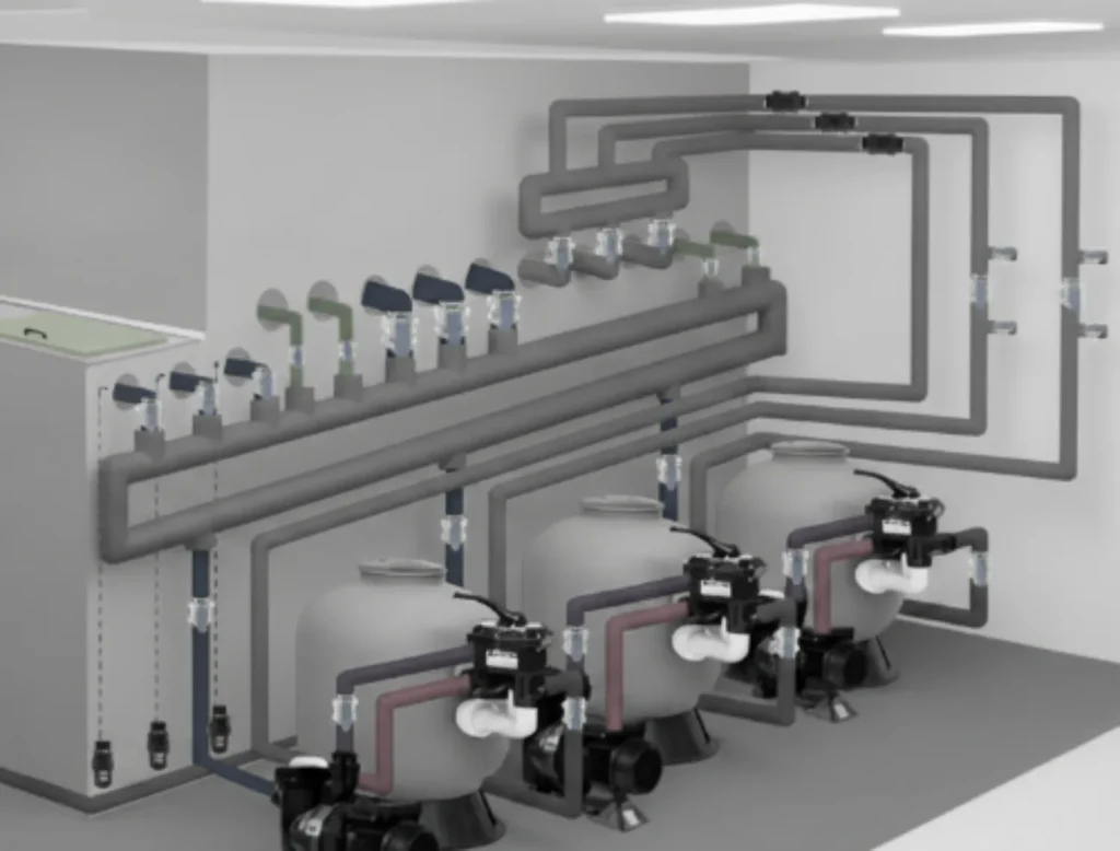 Plant room design for an overflow pool – balance tank, manifolds, filtration and pumps in hydraulic sequence