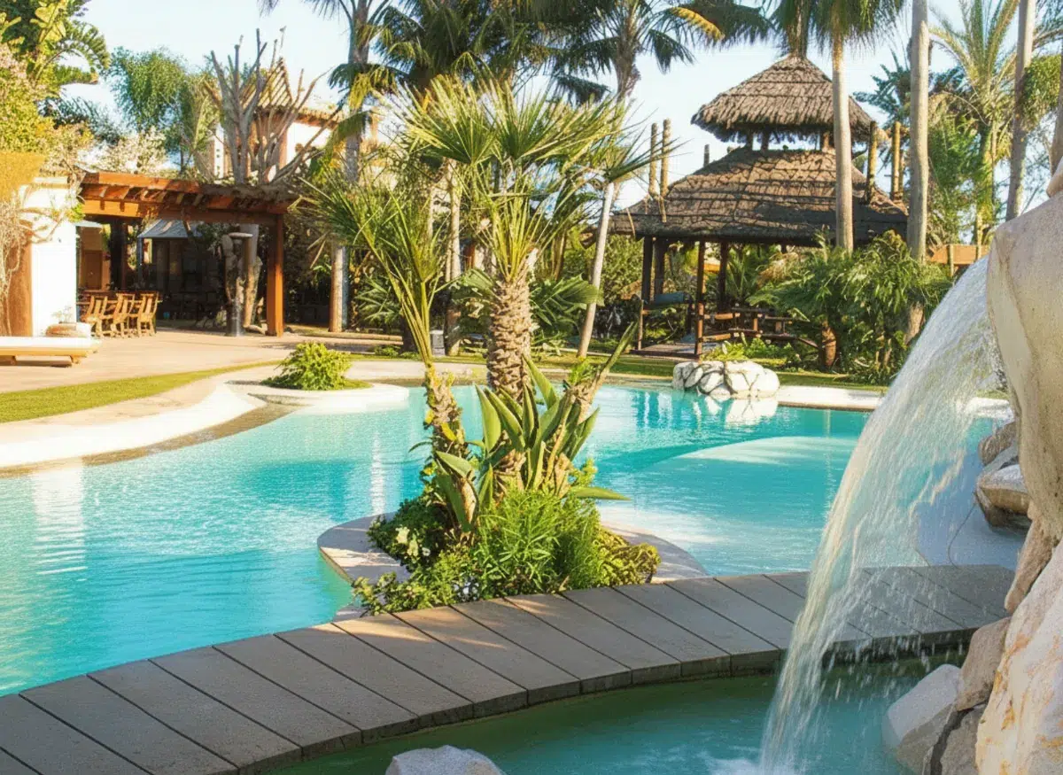 Balinese-inspired lagoon pool in Marbella with rock waterfall, timber walkway, and thatched pavilions
